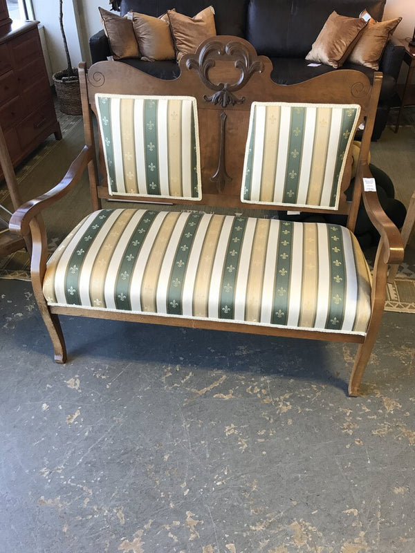 Antique Wood Bench with Green & Gold Striped Fabric