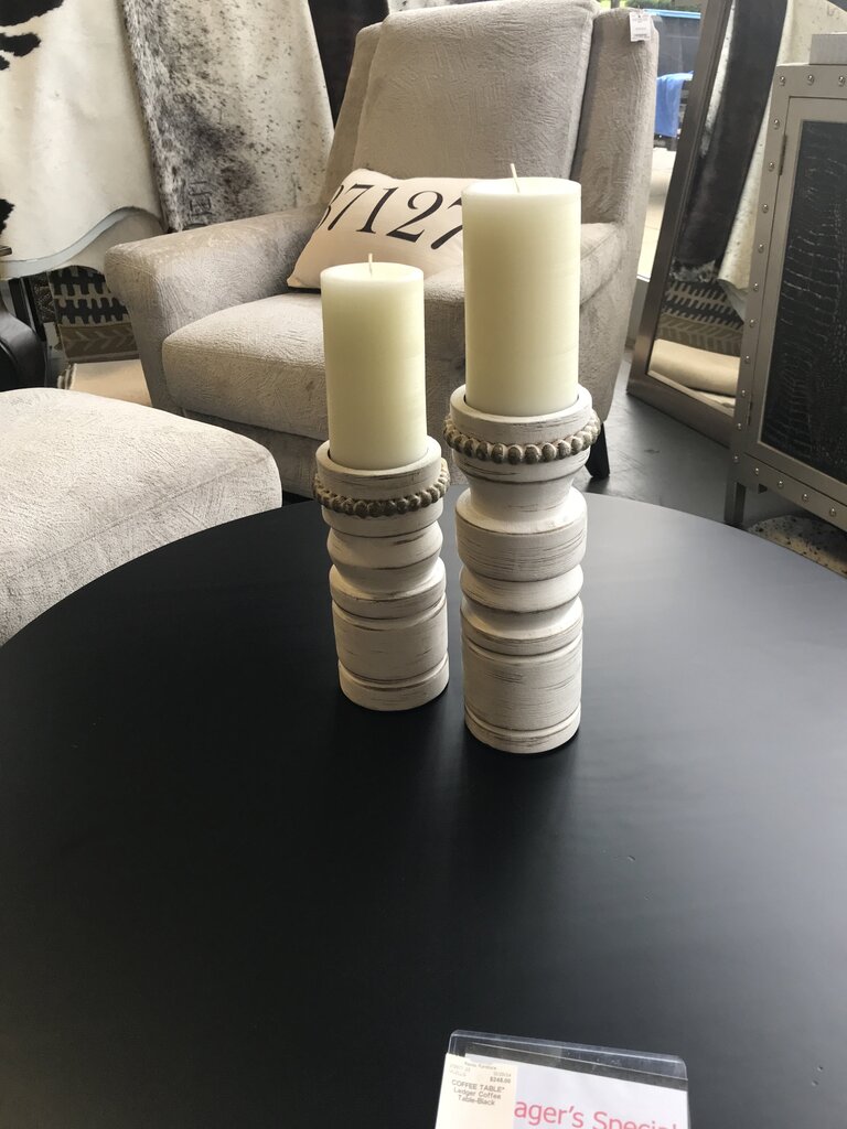 White Distressed Wood Candle Holders (PAIR)