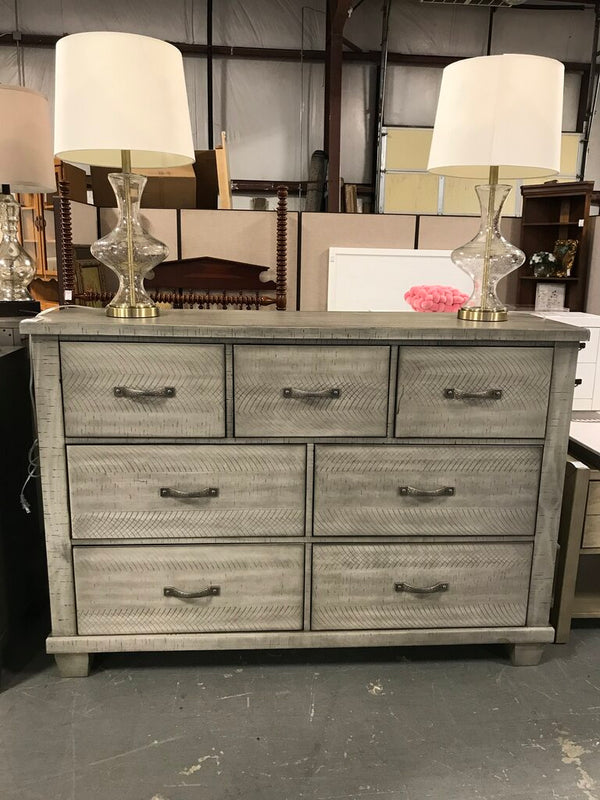 Grey 7 Drawer Dresser with Decorative Saw Marks & Block Leg