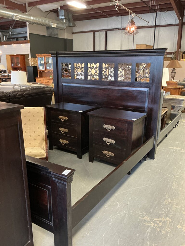 Dark Solid Wood King Bed with Metal Accents