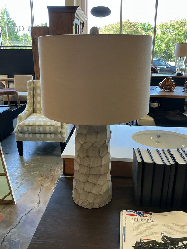 Tall Grey Carved Resin Lamp with Grey Shade