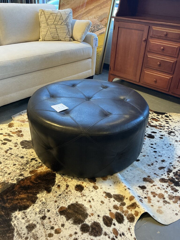 Round Black Leather Ottoman