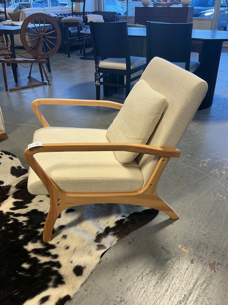 Wood Arm/White Upholstered Armchair