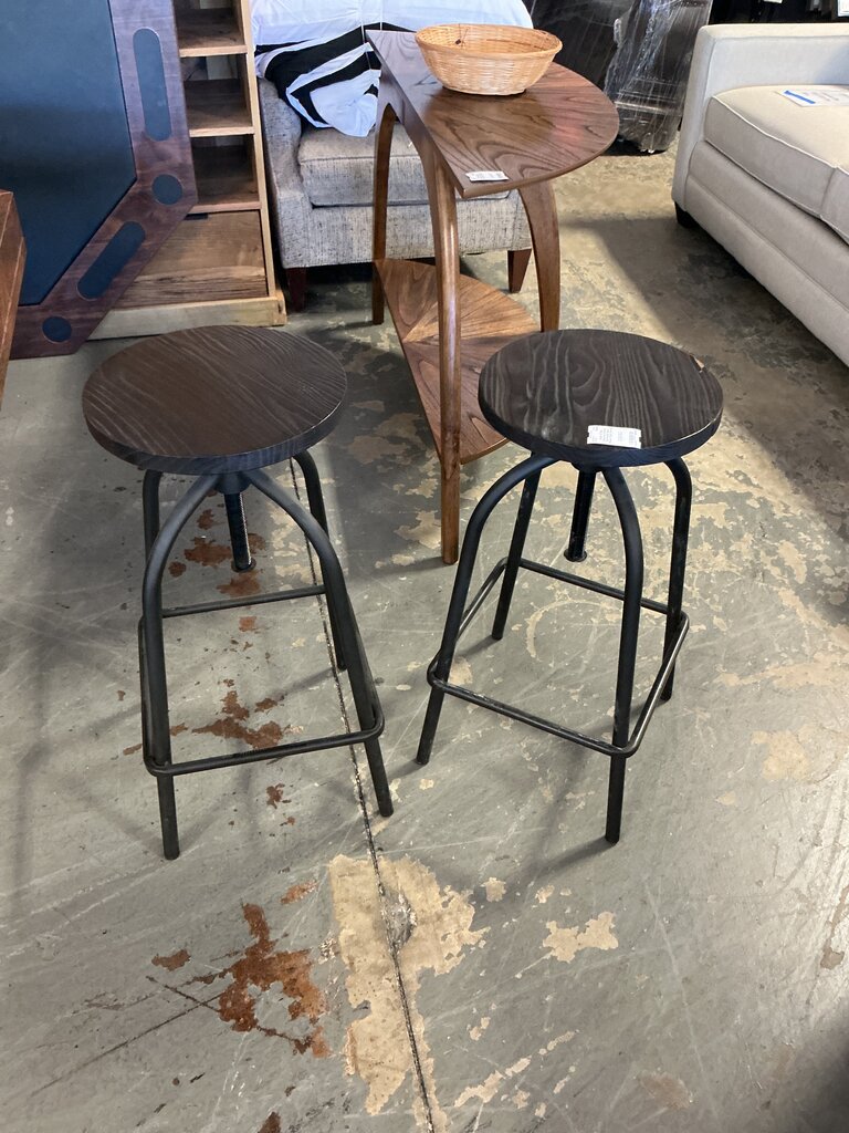 Industrial Swivel Barstools- Dark Wood (Pair) (As-Is)