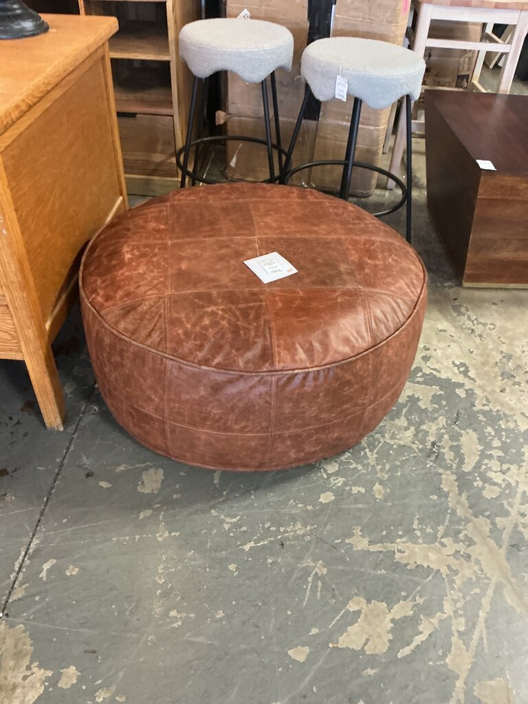 Genuine Leather Pouf- Distressed Brown