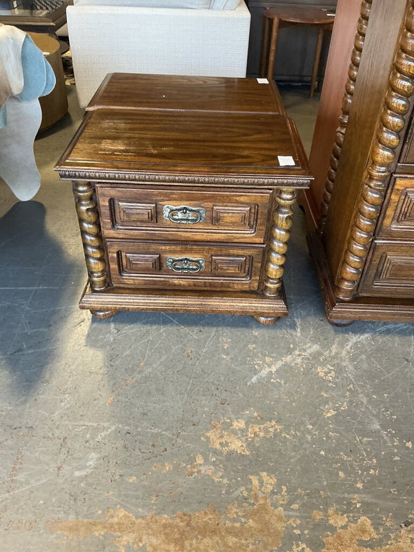 Vintage Dark Wood 2 Drawer Nightstand (as-is)