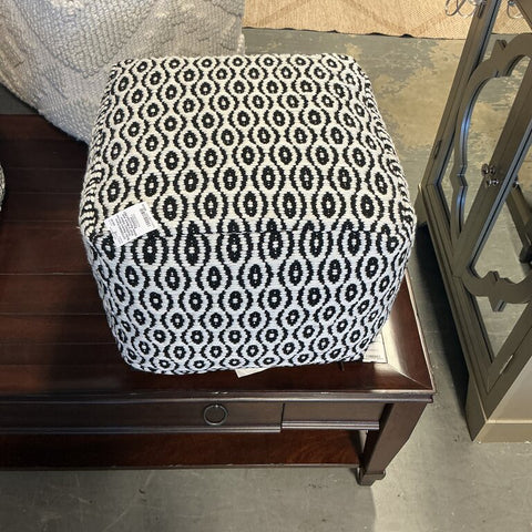 Kiana Boho Square Woven Outdoor/ Indoor Pouf in Black and White Recycled PET Polyester