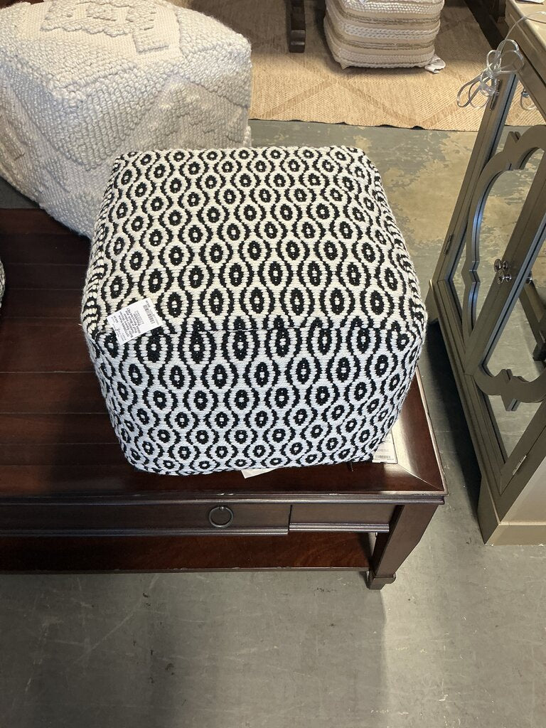 Kiana Boho Square Woven Outdoor/ Indoor Pouf in Black and White Recycled PET Polyester