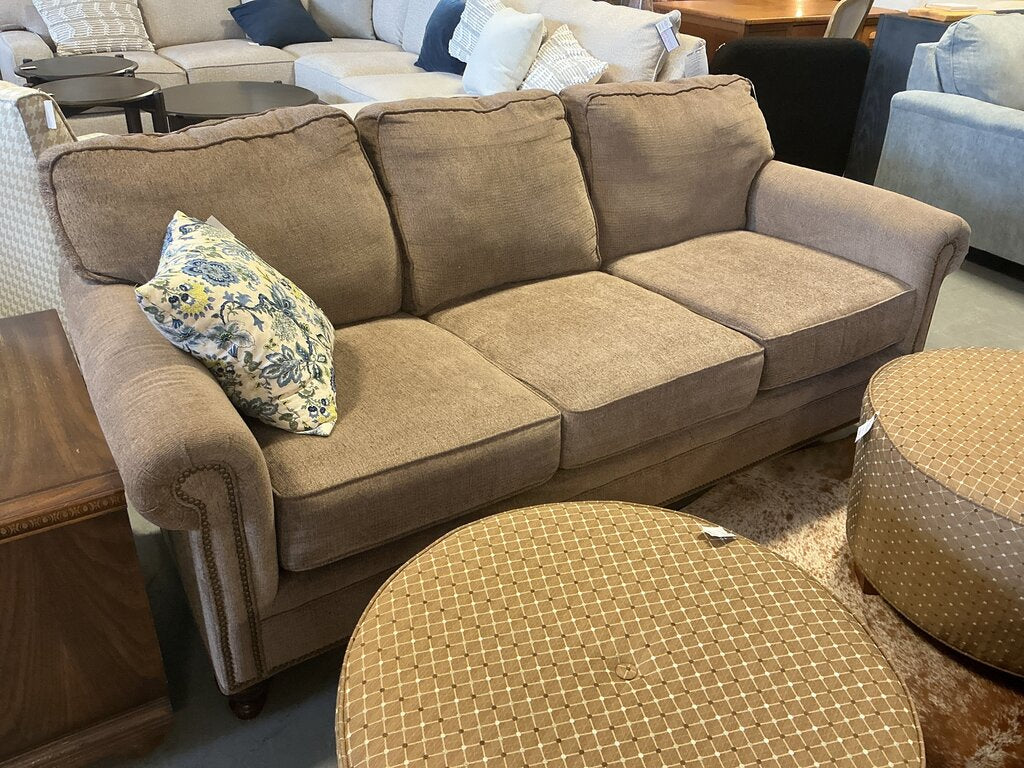 Taupe 3 Cushion Sofa with Nailhead