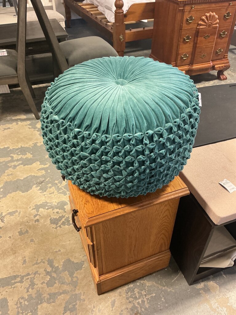 Renee Boho Round Pouf in Teal Velvet Fabric