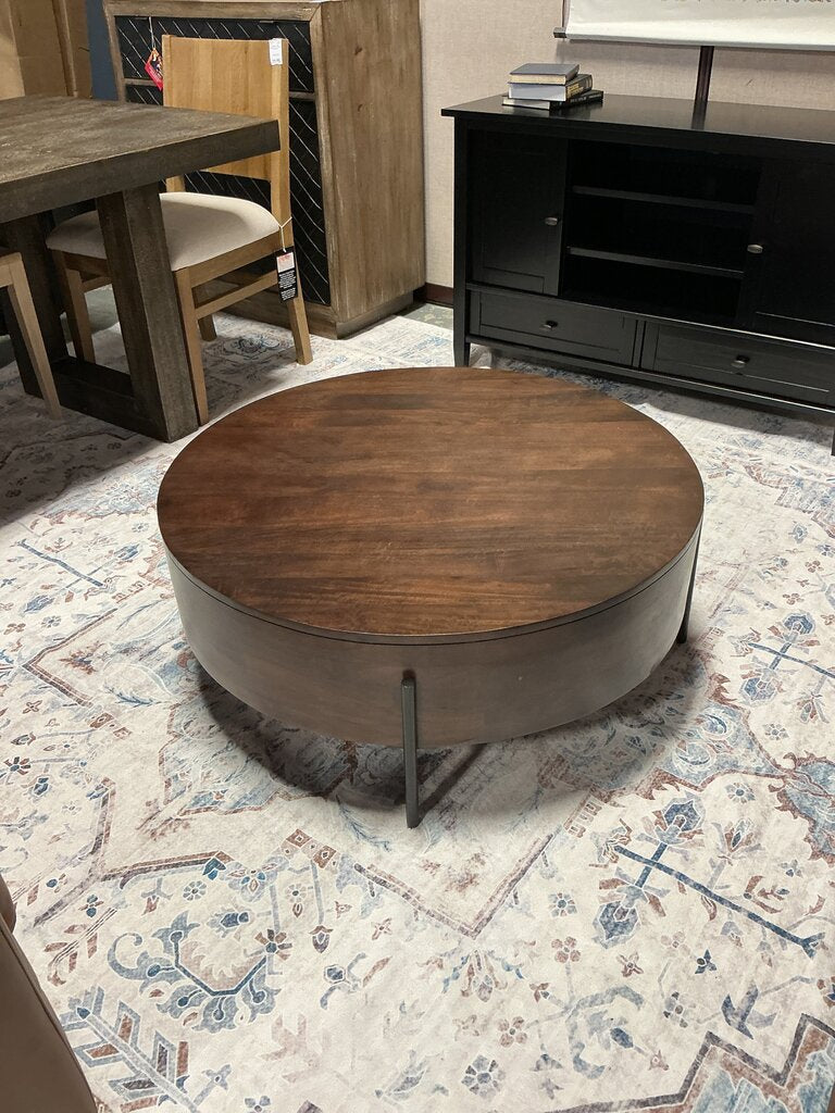 Rayburn SOLID MANGO WOOD 38 inch Wide Round Modern Urban Drum Coffee Table in Walnut Brown